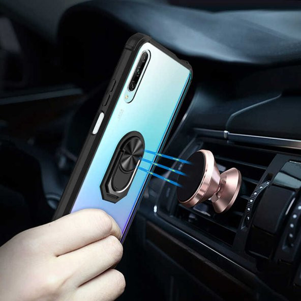Huawei P Smart Pro 2019 Kılıf Yüzüklü Arkası Şeffaf Antişok Silikon Kapak - 11