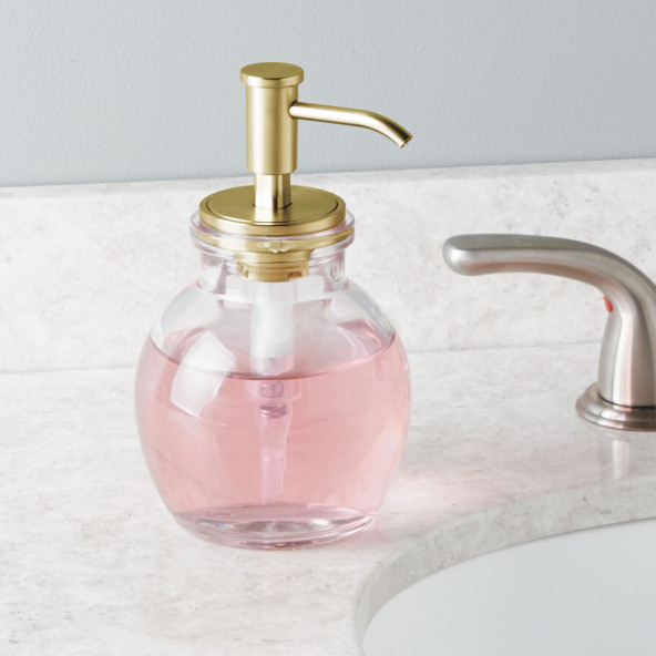 24518ES YUVARLAK CAM SIVI SABUNLUK SARI PİRİNC POMPALI 10X10X16CM 424ML ürün görseli