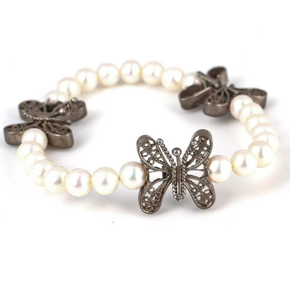 925 Ayar Gümüş İncili Kelebek Telkâri Model Bileklik ürün görseli