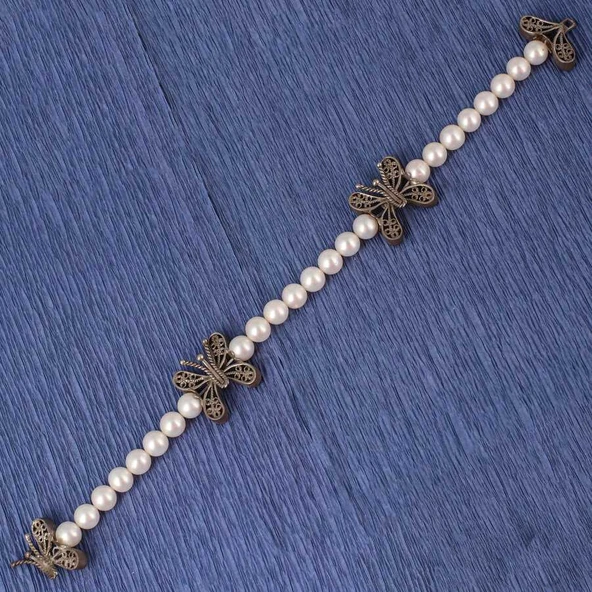 925 Ayar Gümüş İncili Kelebek Telkâri Model Bileklik - Resim 2