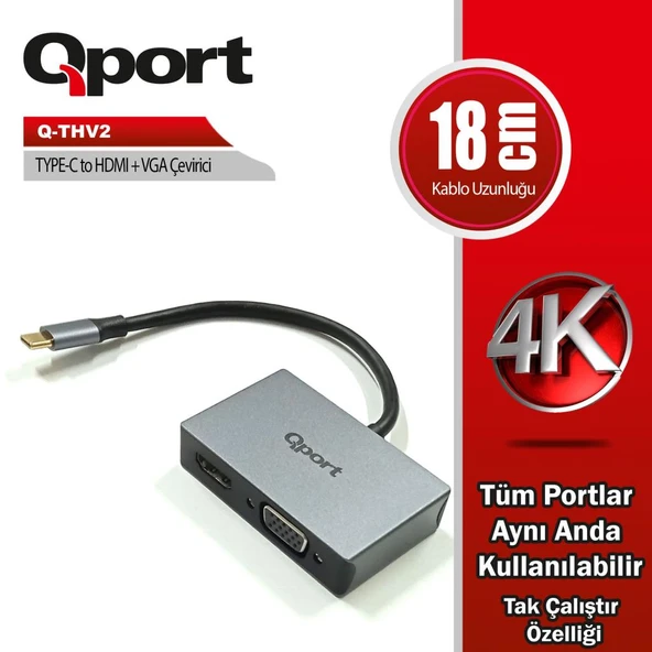 Qport Q-THV2 18cm Tip-C=>HDMI+VGA çevirici ürün görseli 1