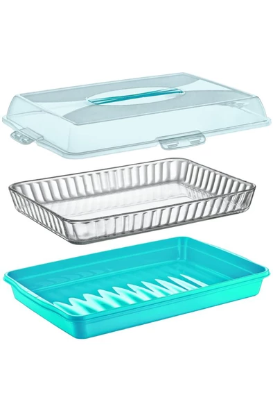 Flosoft Dikdörtgen Kek Pasta Börek Saklama Kabı, Kilitli Borcam Taşıma Kabı Büyük Boy 45cm - 4