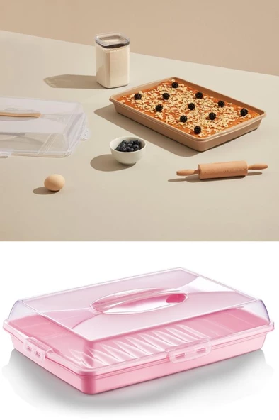 Flosoft Dikdörtgen Kek Pasta Börek Saklama Kabı, Kilitli Borcam Taşıma Kabı Büyük Boy 45cm - 2