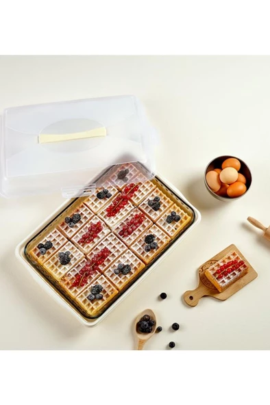 Flosoft Dikdörtgen Kek Pasta Börek Saklama Kabı, Kilitli Borcam Taşıma Kabı Büyük Boy 45cm - 5