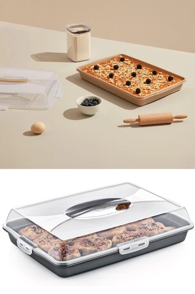 Flosoft Dikdörtgen Kek Pasta Börek Saklama Kabı, Kilitli Borcam Taşıma Kabı Büyük Boy 45cm - 8