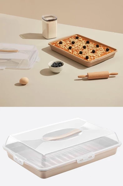 Flosoft Dikdörtgen Kek Pasta Börek Saklama Kabı, Kilitli Borcam Taşıma Kabı Büyük Boy 45cm