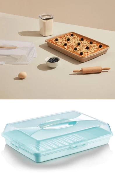 Flosoft Dikdörtgen Kek Pasta Börek Saklama Kabı, Kilitli Borcam Taşıma Kabı Büyük Boy 45cm - 3