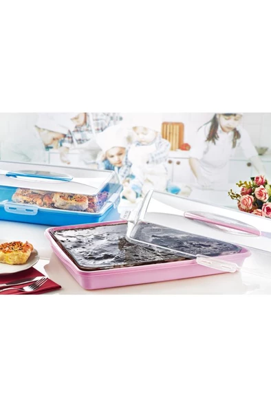 Flosoft Dikdörtgen Kek Pasta Börek Saklama Kabı, Kilitli Borcam Taşıma Kabı Büyük Boy 45cm - 6