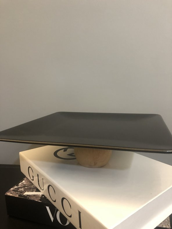 Kare Kısa Ahşap Ayaklı Seramik Sunumluk Siyah Renk 25cm - 2