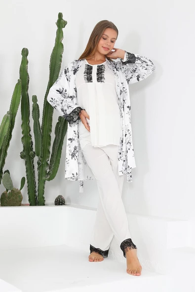 Lohusasepeti MOMMYSH® 55711 Adore Saten Sabahlıklı Dantelli Paça Lohusa Pijama Takımı - 12