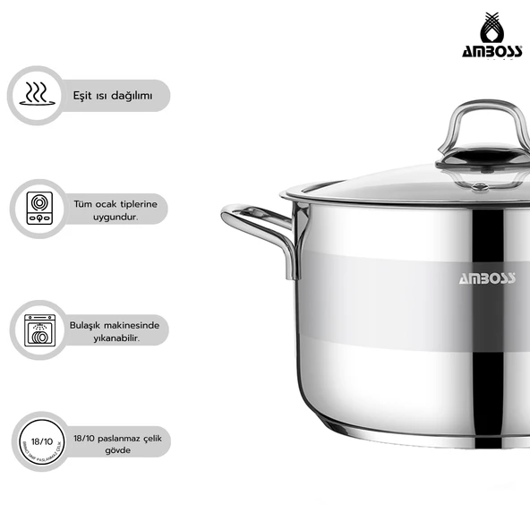 Amboss Saphire Paslanmaz Çelik 26 cm Cam Kapaklı Derin Tencere - Resim 3