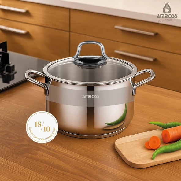 Amboss Saphire Paslanmaz Çelik 26 cm Cam Kapaklı Derin Tencere - Resim 2
