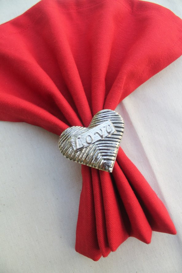 6 Adet Gümüş Love Kalp Metal Peçete Halkası - Napkin Ring