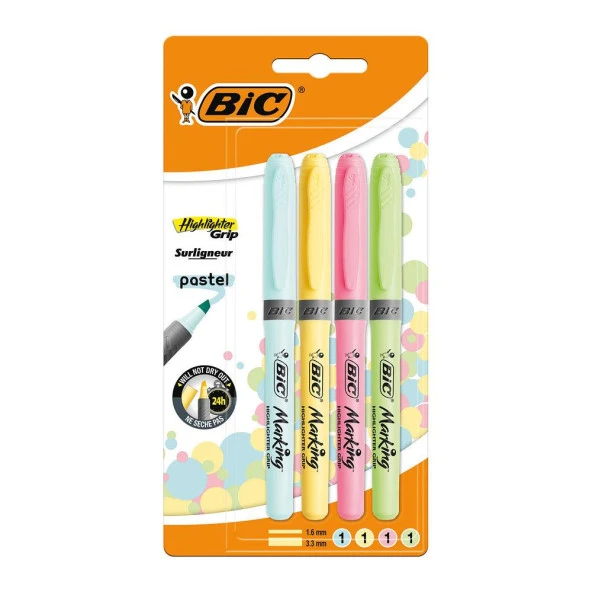 Bic Highlighter Grip 4 Lü Pastel Renkler Fosforlu Kalem