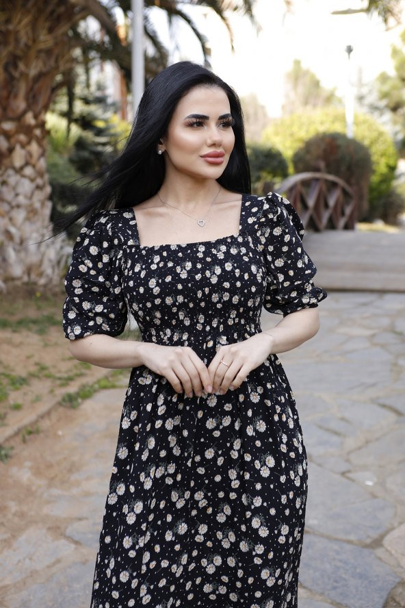Kare Yaka Viskon Kumaş Gipeli Çiçek Desen Yazlık Elbise (STANDART BEDEN S/M/L/XL BEDEDEN UYUMLU) - 2