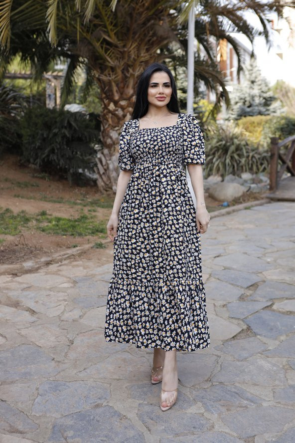 Kare Yaka Viskon Kumaş Gipeli Çiçek Desen Yazlık Elbise (STANDART BEDEN S/M/L/XL BEDEDEN UYUMLU)