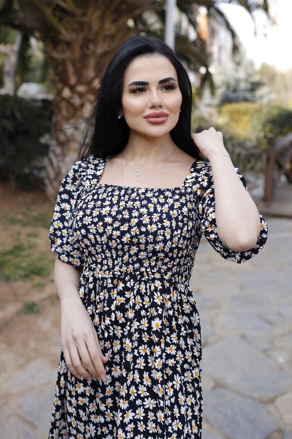 Kare Yaka Viskon Kumaş Gipeli Çiçek Desen Yazlık Elbise (STANDART BEDEN S/M/L/XL BEDEDEN UYUMLU) - 2