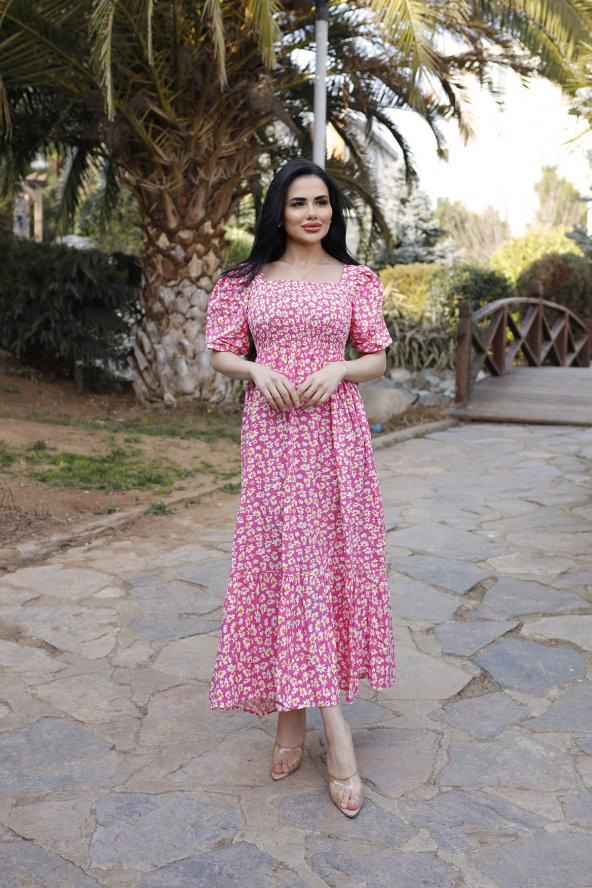Kare Yaka Viskon Kumaş Gipeli Çiçek Desen Yazlık Elbise (STANDART BEDEN S/M/L/XL BEDEDEN UYUMLU) - 3