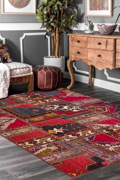 Patchwork Desenli Yıkanabilir Pamuk Taban Dijital Baskılı Halı  KIRMIZI 200X290