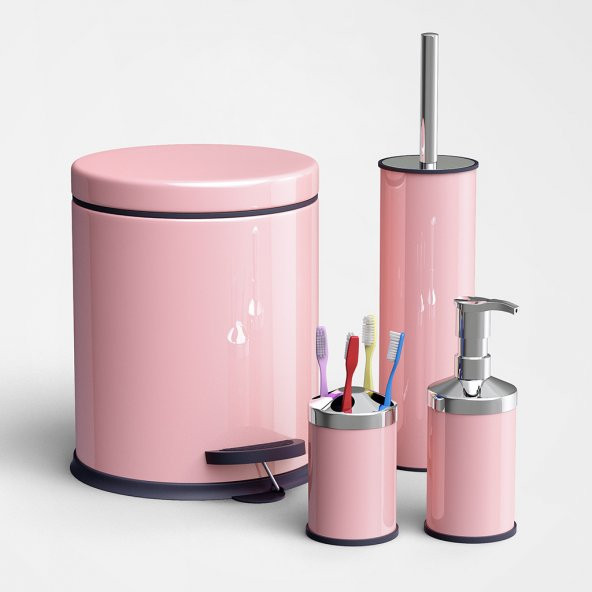 Pembe 5 Lt Çöp Kovası - Klozet Fırçası - Diş Fırçaslık - Sıvı Sabunluk Banyo Seti
