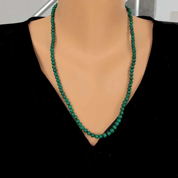 925 Ayar Gümüş Kilitli Malakit Taşlı Yeşil Kolye ürün görseli 1