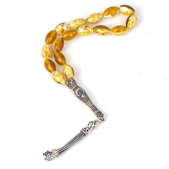 925 Ayar Gümüş Püsküllü Sıkma Kehribar 17 'Li Tesbih ürün görseli 1