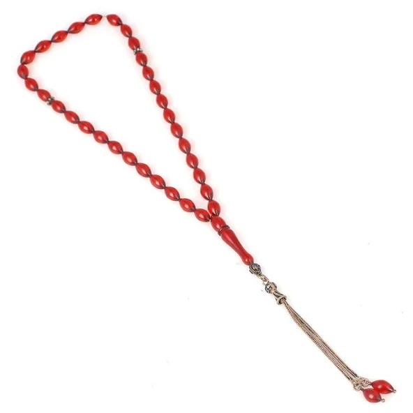 925 Ayar Gümüş Püsküllü Kırmızı Sıkma Kehribar Tesbih - Resim 2