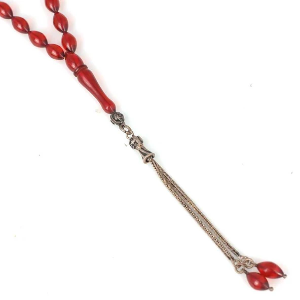 925 Ayar Gümüş Püsküllü Kırmızı Sıkma Kehribar Tesbih - Resim 3