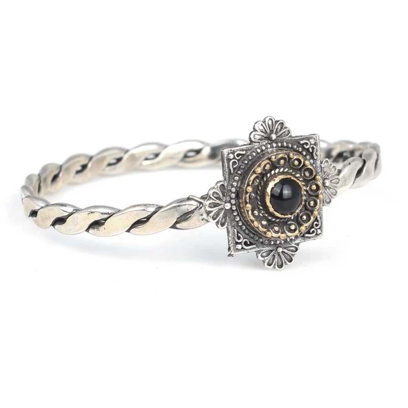 925 Ayar Gümüş Telkâri Kaşlı Oniks Taşlı Burma Bilezik ürün görseli