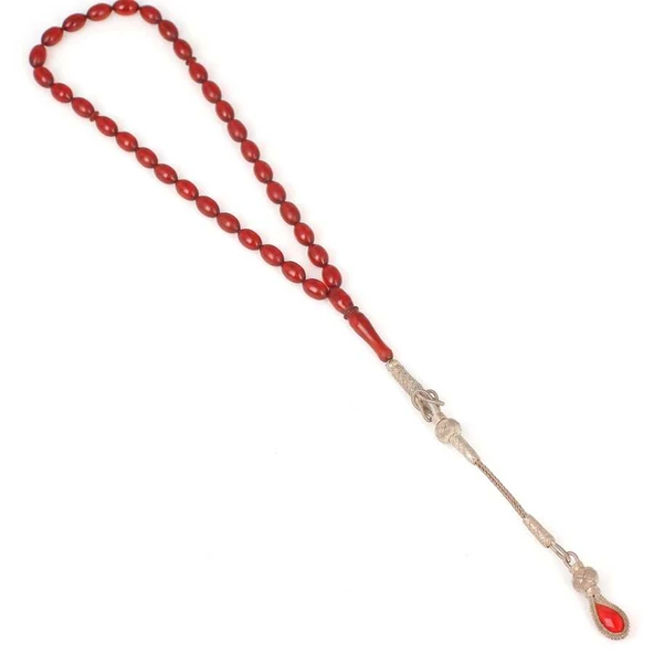 925 Ayar Gümüş Kazas Püsküllü Sıkma Kehribar Tesbih - Resim 2