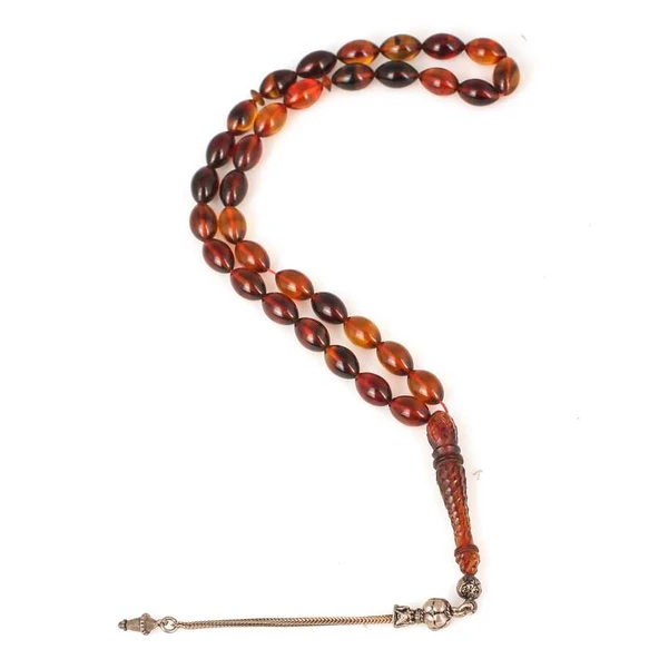 925 Ayar Gümüş Püsküllü Kahverengi Sıkma Kehribar Taşlı Tesbih ürün görseli