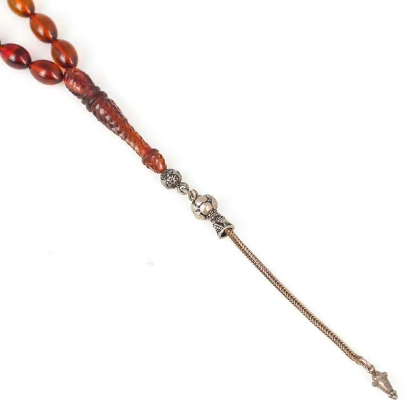 925 Ayar Gümüş Püsküllü Kahverengi Sıkma Kehribar Taşlı Tesbih - Resim 3