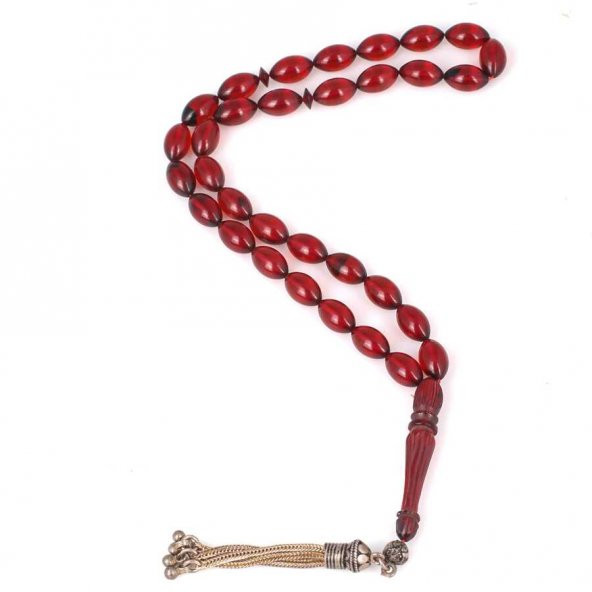 925 Ayar Gümüş Püsküllü Kırmızı Sıkma Kehribar Tesbih