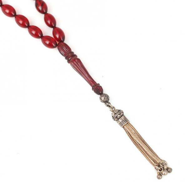 925 Ayar Gümüş Püsküllü Kırmızı Sıkma Kehribar Tesbih - 3