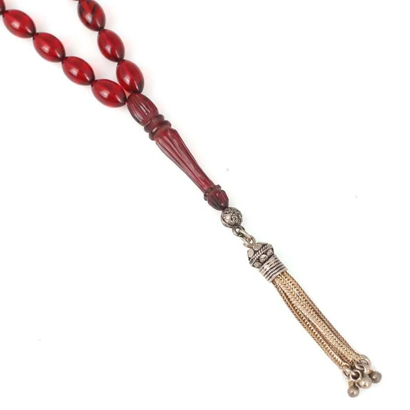 925 Ayar Gümüş Püsküllü Kırmızı Sıkma Kehribar Tesbih - Resim 3