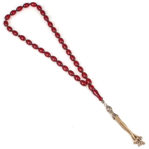 925 Ayar Gümüş Püsküllü Turuncu Sıkma Kehribar Tesbih - Resim 2