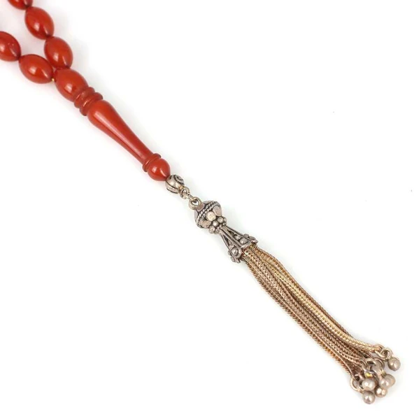 925 Ayar Gümüş Sıkma Kehribar Kırmızı Renk Tesbih - Resim 3