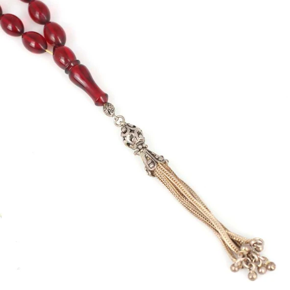 925 Ayar Gümüş Püsküllü Turuncu Sıkma Kehribar Tesbih - Resim 3