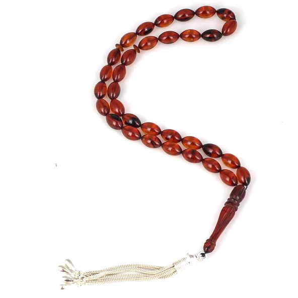 925 Ayar Gümüş Püsküllü Kahverengi Sıkma Kehribar Taşlı Tesbih ürün görseli 1