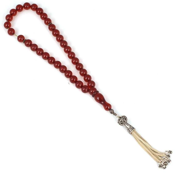 925 Ayar Gümüş Püsküllü Kırmızı Sıkma Kehribar Tesbih - Resim 2
