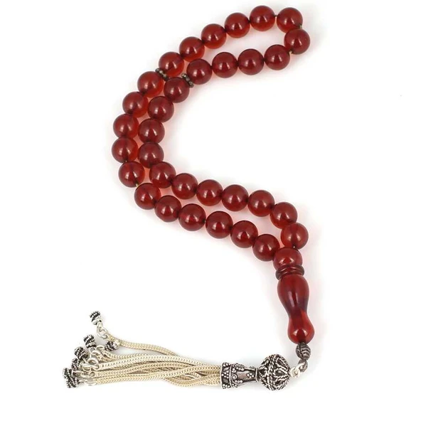 925 Ayar Gümüş Püsküllü Kırmızı Sıkma Kehribar Tesbih ürün görseli