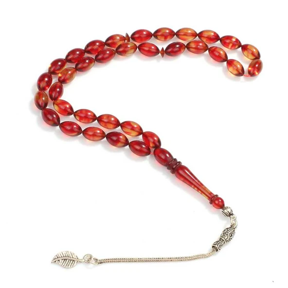 925 Ayar Gümüş Püskül. Bordo Mavi Sıkma Kehribar Taşlı Tesbih - Resim 2