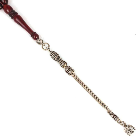 925 Ayar Gümüş Püsküllü Sıkma Kehribar Kırmızı Tesbih - Resim 3
