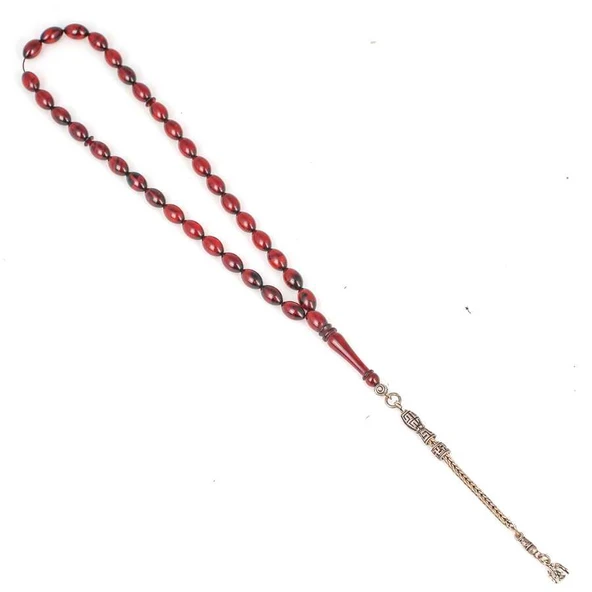 925 Ayar Gümüş Püsküllü Sıkma Kehribar Kırmızı Tesbih - Resim 2
