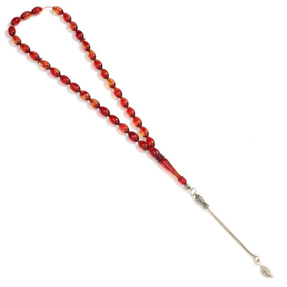 925 Ayar Gümüş Püskül. Bordo Mavi Sıkma Kehribar Taşlı Tesbih ürün görseli