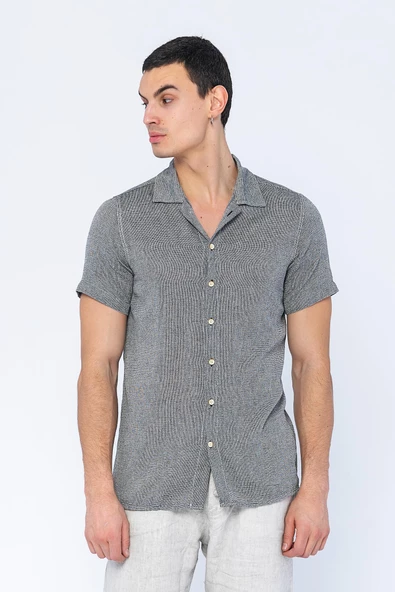Erkek Regular Fit Düğmeli Kafes Dokuma Kısa Kollu Gömlek