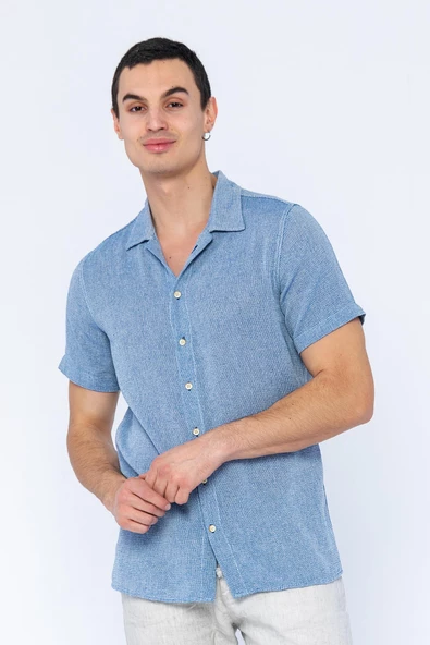 Erkek Regular Fit Düğmeli Kafes Dokuma Kısa Kollu Gömlek - 12