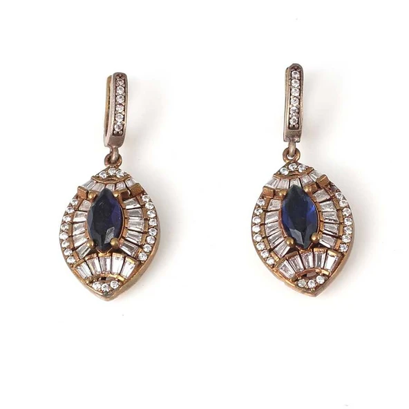 925 Ayar Gümüş Ve Bronz Karışımı Badem Ve Taşlı Küpe ürün görseli 1