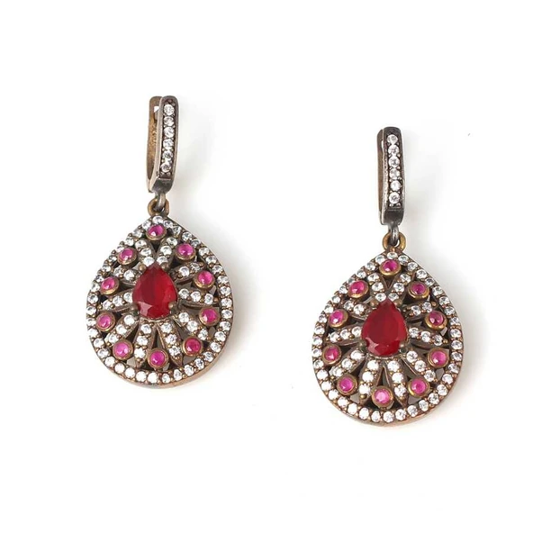 925 Ayar Gümüş Ve Bronz Karışımı Damla Yakutlu Küpe ürün görseli 1