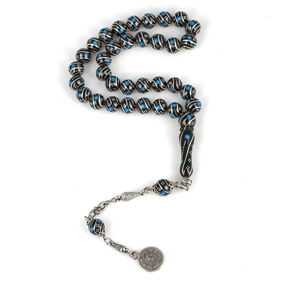 925 Ayar Gümüş İşlemeli Küre Oltu Taşı Tesbih ürün görseli 1